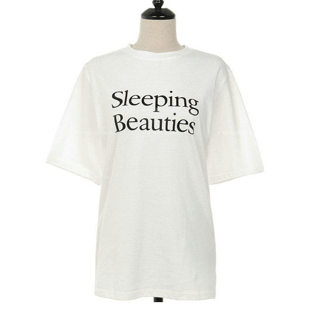 New  Fashion Korean Style Letter Sleeping Beauties Print T Shirts Short Sleeve Casual T-shirts Women Tops Plus Size 72641 SM6