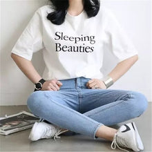 New  Fashion Korean Style Letter Sleeping Beauties Print T Shirts Short Sleeve Casual T-shirts Women Tops Plus Size 72641 SM6