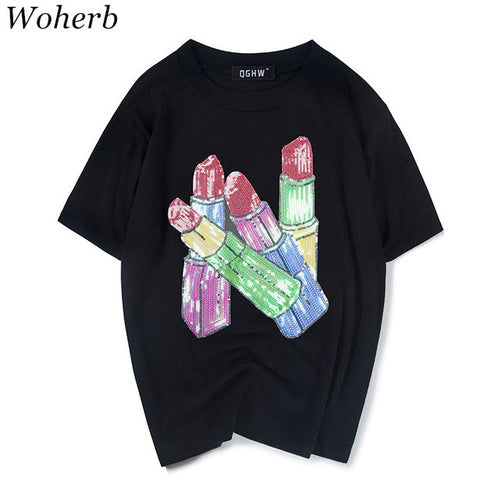 New  Fashion Korean Style Lipstick Sequined Bling T Shirts Short Sleeve Casual T-shirts Plus Size Female Women Tops 72629 SM6