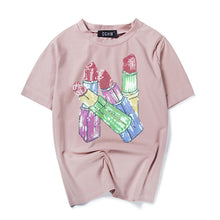 New  Fashion Korean Style Lipstick Sequined Bling T Shirts Short Sleeve Casual T-shirts Plus Size Female Women Tops 72629 SM6