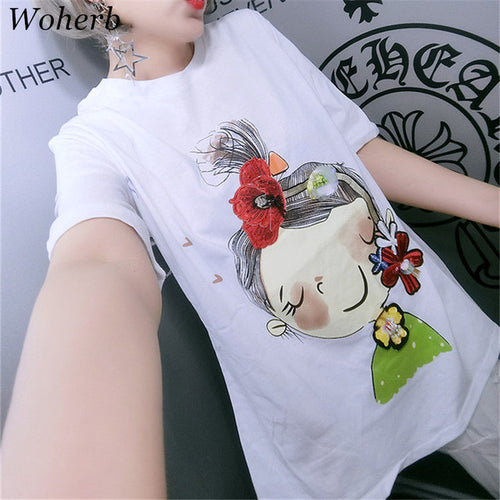 New  Fashion Korean Style Sequins 3D Floral Cute Gril T Shirts Short Sleeve T-shirts Plus Size Female Women Tops 72637 SM6