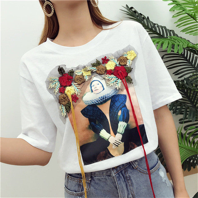 New  Fashion Korean Style T-shirts Harajuku Short Sleeve Character Print Embroidery T Shirts Plus Size Female Women Tops SM6