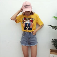 New  Fashion Korean Style T-shirts Harajuku Short Sleeve Character Print Embroidery T Shirts Plus Size Female Women Tops SM6