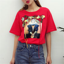 New  Fashion Korean Style T-shirts Harajuku Short Sleeve Character Print Embroidery T Shirts Plus Size Female Women Tops SM6