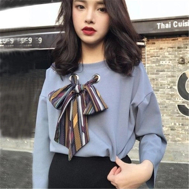 New  Fashion Korean style Summer Elegant Bow Tie Blouse O-Neck Shirt Slim Blusas Full Sleeve Women Tops 72513 SM6