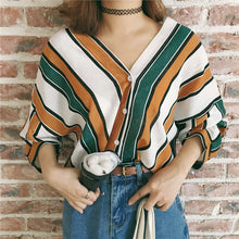 New  Fashion Korean style Summer Elegant Striped Blouse V-Neck Button Shirt Sexy Casual Blusas Women Tops 72514 SM6