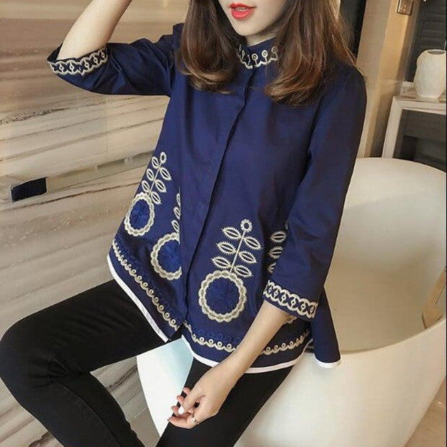New  Fashion Long Sleeve Floral Embroidery Blouse Sweet Blusas Brief Elegant Casual Shirt Women Tops Plus Size 72635 SM6
