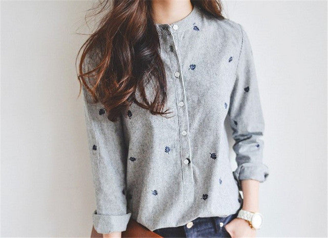 New  Fashion Long Sleeve Striped Blouse Korean Style Shirt Embroidery Blouses Ladies Blusas Women Tops Plus Size 72695 SM6