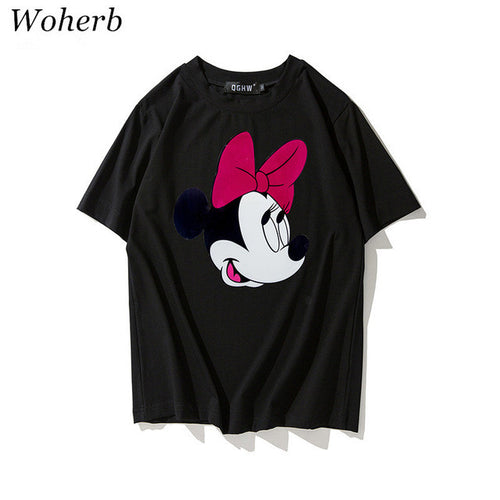 New  Fashion Loose Cartoon Bow Tie Mouse Print T Shirts Short Sleeve Casual T-shirts Female Women Tops Plus Size 72626 SM6