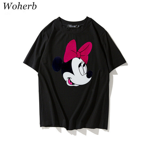 New  Fashion Loose Cartoon Bow Tie Mouse Print T Shirts Short Sleeve Casual T-shirts Female Women Tops Plus Size 72626 SM6