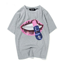New  Fashion Loose Print Lip Sequined Bling T Shirts Short Sleeve Casual T-shirts Plus Size Female Women Tops 72625 SM6