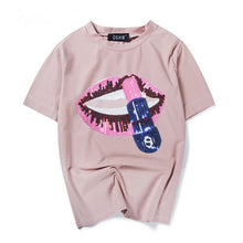 New  Fashion Loose Print Lip Sequined Bling T Shirts Short Sleeve Casual T-shirts Plus Size Female Women Tops 72625 SM6