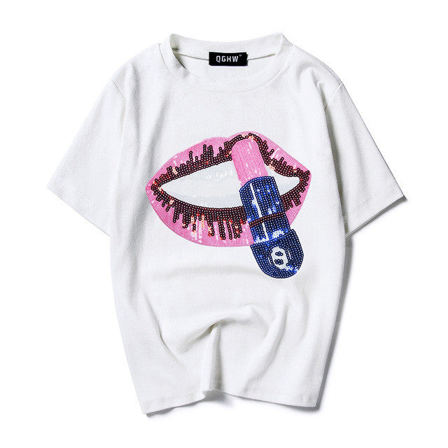 New  Fashion Loose Print Lip Sequined Bling T Shirts Short Sleeve Casual T-shirts Plus Size Female Women Tops 72625 SM6