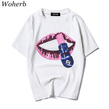 New  Fashion Loose Print Lip Sequined Bling T Shirts Short Sleeve Casual T-shirts Plus Size Female Women Tops 72625 SM6