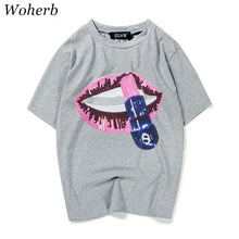 New  Fashion Loose Print Lip Sequined Bling T Shirts Short Sleeve Casual T-shirts Plus Size Female Women Tops 72625 SM6