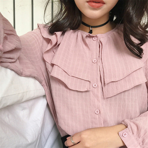 New  Fashion Ruffles Pleated Chiffon Blouse Elegant Long Sleeve Plus Size Cute Blusas Loose Casual Shirt Women Tops 72707 SM6