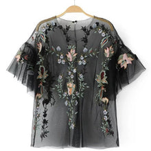 New  Fashion Sexy Translucent Flower Embroidery Blouse Ruffles Shirt Short Sleeve Round Collar Ladies Blusas Women Tops SM6