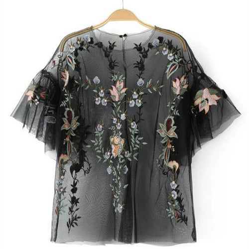 New  Fashion Sexy Translucent Flower Embroidery Blouse Ruffles Shirt Short Sleeve Round Collar Ladies Blusas Women Tops SM6