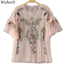 New  Fashion Sexy Translucent Flower Embroidery Blouse Ruffles Shirt Short Sleeve Round Collar Ladies Blusas Women Tops SM6