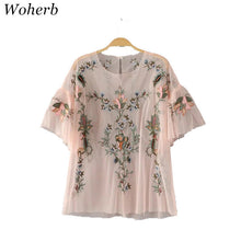 New  Fashion Sexy Translucent Flower Embroidery Blouse Ruffles Shirt Short Sleeve Round Collar Ladies Blusas Women Tops SM6