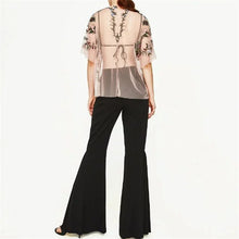 New  Fashion Sexy Translucent Flower Embroidery Blouse Ruffles Shirt Short Sleeve Round Collar Ladies Blusas Women Tops SM6