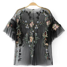 New  Fashion Sexy Translucent Flower Embroidery Blouse Ruffles Shirt Short Sleeve Round Collar Ladies Blusas Women Tops SM6