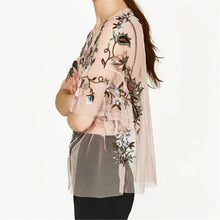 New  Fashion Sexy Translucent Flower Embroidery Blouse Ruffles Shirt Short Sleeve Round Collar Ladies Blusas Women Tops SM6