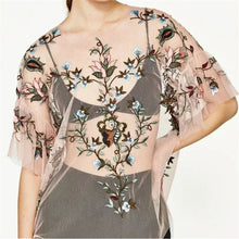 New  Fashion Sexy Translucent Flower Embroidery Blouse Ruffles Shirt Short Sleeve Round Collar Ladies Blusas Women Tops SM6