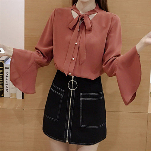 New  Fashion Solid Bow Tie Chiffon Blouse Flare Sleeve V-Neck Button Blusas Casual Shirt Elegant Women Tops Plus Size 72709 SM6