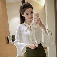 New  Fashion Solid Bow Tie Chiffon Blouse Flare Sleeve V-Neck Button Blusas Casual Shirt Elegant Women Tops Plus Size 72709 SM6