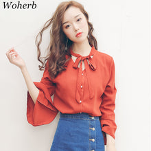 New  Fashion Solid Bow Tie Chiffon Blouse Flare Sleeve V-Neck Button Blusas Casual Shirt Elegant Women Tops Plus Size 72709 SM6