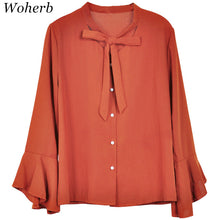 New  Fashion Solid Bow Tie Chiffon Blouse Flare Sleeve V-Neck Button Blusas Casual Shirt Elegant Women Tops Plus Size 72709 SM6