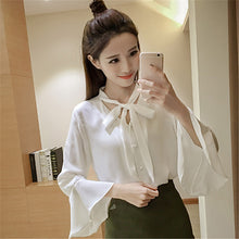 New  Fashion Solid Bow Tie Chiffon Blouse Flare Sleeve V-Neck Button Blusas Casual Shirt Elegant Women Tops Plus Size 72709 SM6
