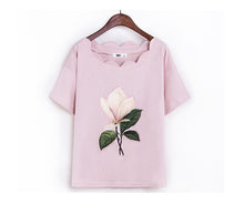 New  Fashion Summer Floral Appliques Wave Collar T Shirts Short Sleeve Casual T-shirts Plus Size Female t shirt Women Tops SM6