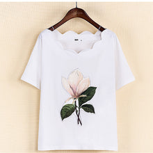 New  Fashion Summer Floral Appliques Wave Collar T Shirts Short Sleeve Casual T-shirts Plus Size Female t shirt Women Tops SM6