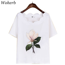 New  Fashion Summer Floral Appliques Wave Collar T Shirts Short Sleeve Casual T-shirts Plus Size Female t shirt Women Tops SM6