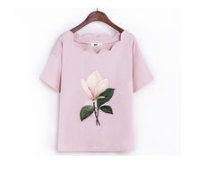 New  Fashion Summer Floral Appliques Wave Collar T Shirts Short Sleeve Casual T-shirts Plus Size Female t shirt Women Tops SM6