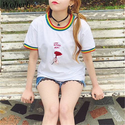 New  Fashion Summer Rainbow Hit Color Letter Rose Floral Embroidery T Shirts Short Sleeve T-shirts Women Tops Plus Size 2650 SM6