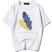 New  Fashion T Shirts Female Short Sleeve Feather Embroidery Sequined t shirt Casual T-shirts Women Tops Tee Plus Size 72652 SM6
