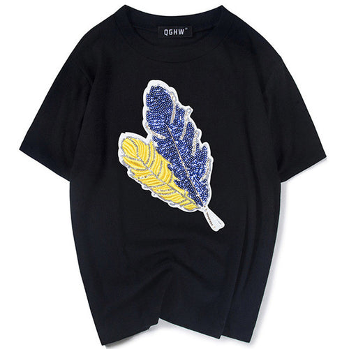 New  Fashion T Shirts Female Short Sleeve Feather Embroidery Sequined t shirt Casual T-shirts Women Tops Tee Plus Size 72652 SM6