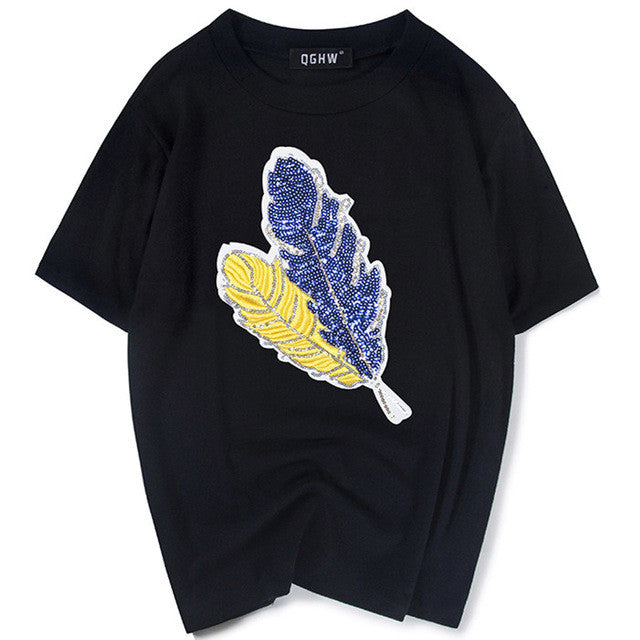 New  Fashion T Shirts Female Short Sleeve Feather Embroidery Sequined t shirt Casual T-shirts Women Tops Tee Plus Size 72652 SM6