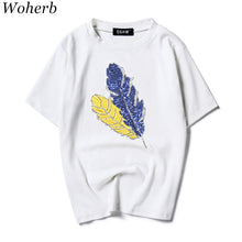 New  Fashion T Shirts Female Short Sleeve Feather Embroidery Sequined t shirt Casual T-shirts Women Tops Tee Plus Size 72652 SM6