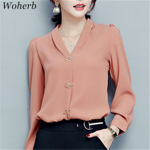 New  Fashion V-Neck Chiffon Blouse Puff Sleeve Solid Button Blusas Casual Shirt Brief Elegant Women Tops Plus Size 72710 SM6