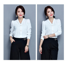 New  Fashion V-Neck Chiffon Blouse Puff Sleeve Solid Button Blusas Casual Shirt Brief Elegant Women Tops Plus Size 72710 SM6