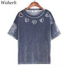 New  Fashion Velour Hollow Out Heart T Shirts Short Sleeve Female t shirt Casual T-shirts Women Tops Tee Plus Size 72647 SM6