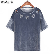 New  Fashion Velour Hollow Out Heart T Shirts Short Sleeve Female t shirt Casual T-shirts Women Tops Tee Plus Size 72647 SM6