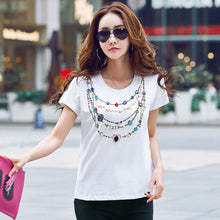New  Fashion Women Plus Size S-2XL T shirts Necklace Print Beading Diamond t-shirt Women Top Short Sleeve Female tops 72580 SM6