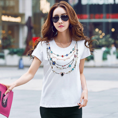 New  Fashion Women Plus Size S-2XL T shirts Necklace Print Beading Diamond t-shirt Women Top Short Sleeve Female tops 72580 SM6