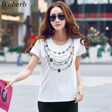 New  Fashion Women Plus Size S-2XL T shirts Necklace Print Beading Diamond t-shirt Women Top Short Sleeve Female tops 72580 SM6