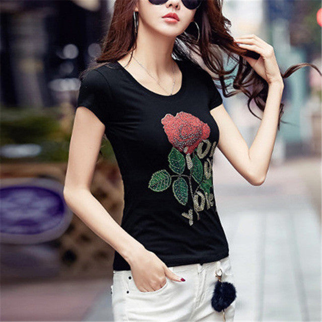 New  Fashion Women Plus Size S-3XL T shirts Letter Diamond Floral Print t-shirt Women Top Short Sleeve Female tops 72578 SM6